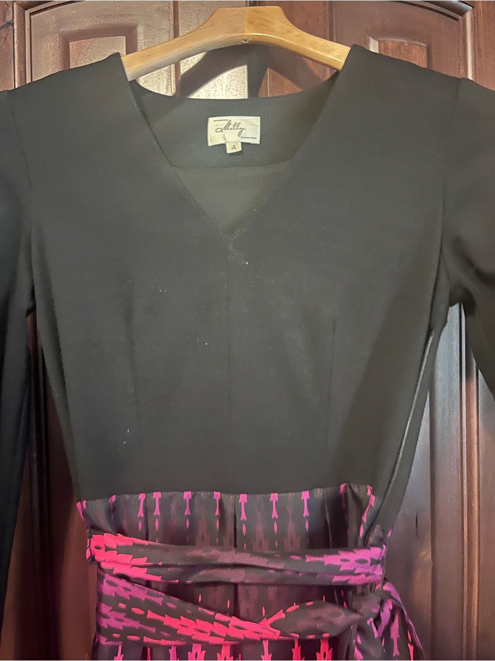 Milly Black V-Neck Dress with Pink Patterned Waist Tie size 4
